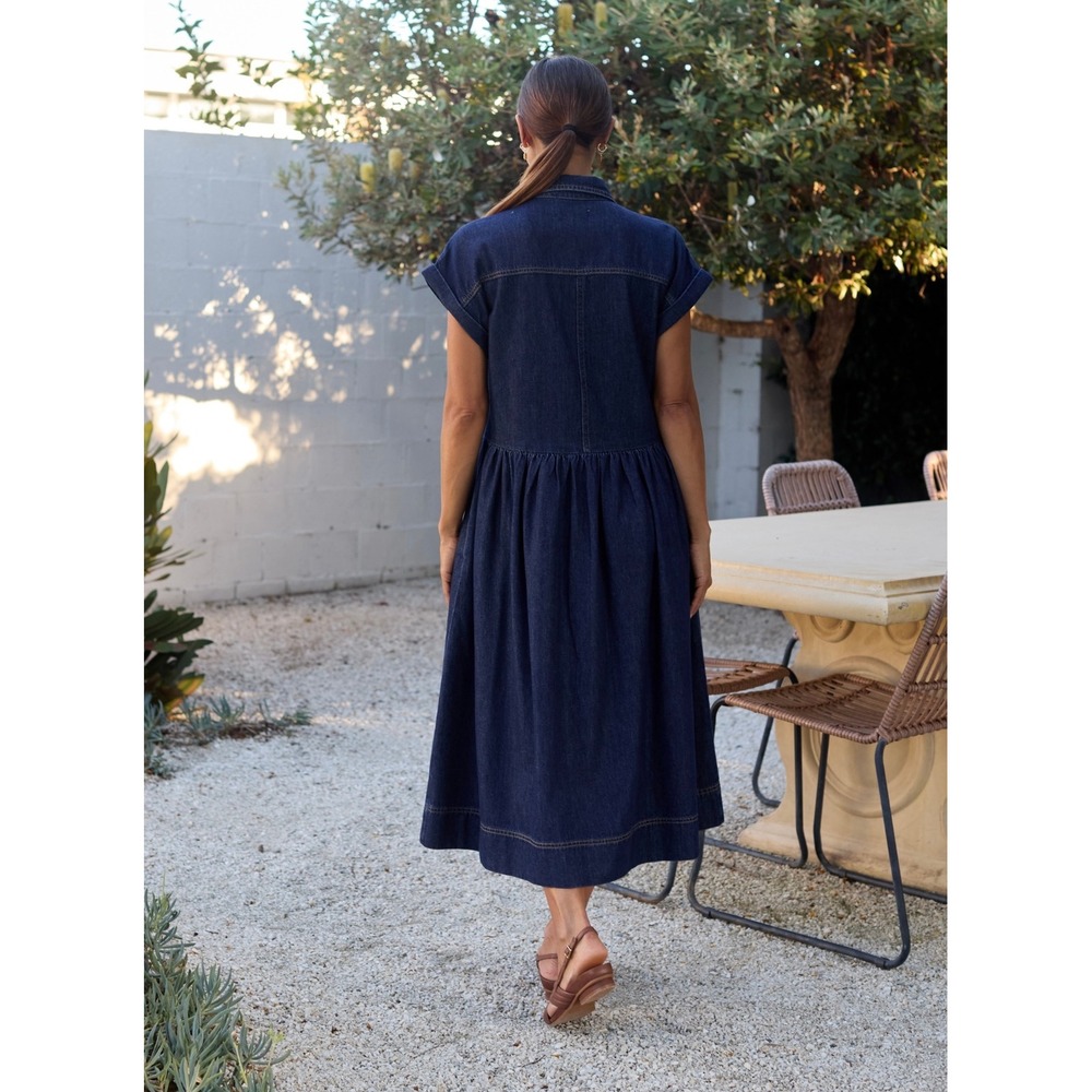 MAYE Harper Denim Dress Women XS Indigo Blue Button Front Midi Short Sleeve NEW - Picture 2 of 16